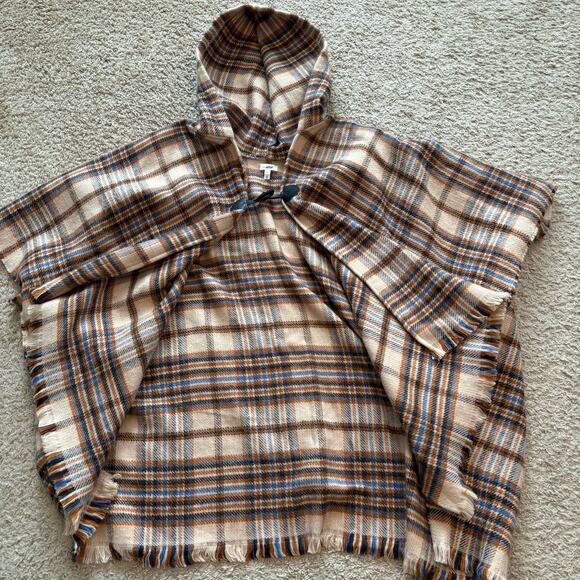 Aerie Hooded Poncho Plaid Patchwork Shall Cape Wrap Toggle Front Closure Size OS - Picture 9 of 9
